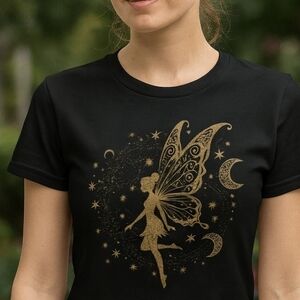 Celestial Fairy Graphic Tee Black & Gold | Fantasy Moon Stars Shirt | Fairycore